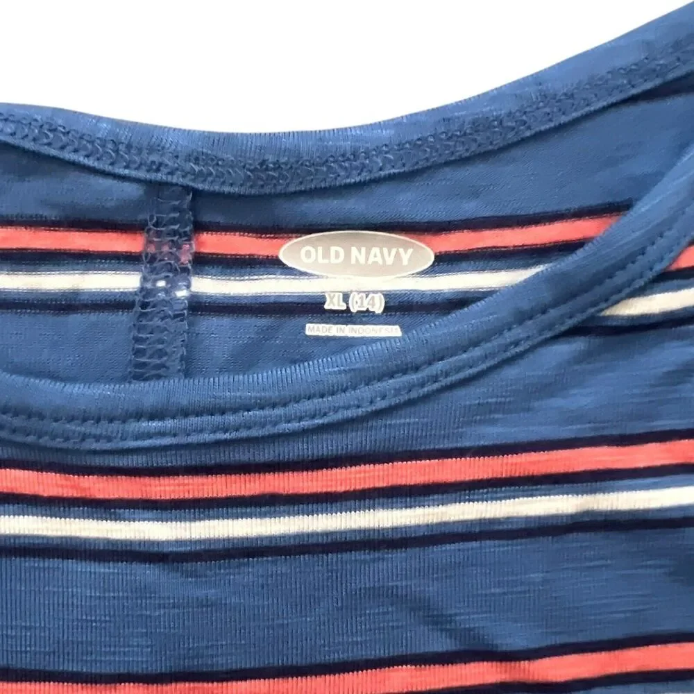 Old Navy Dress Girls Size XL 14 Blue Orange Striped Sleeveless Stretch Soft‎
